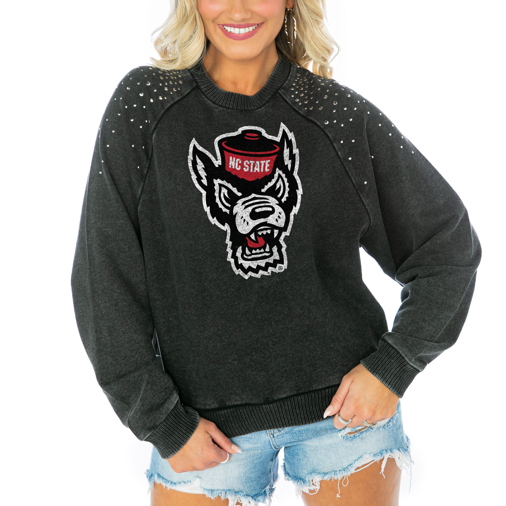 Women's Gameday Couture Charcoal NC State Wolfpack Varsity Studded French Terry Pullover Sweatshirt - Image 4