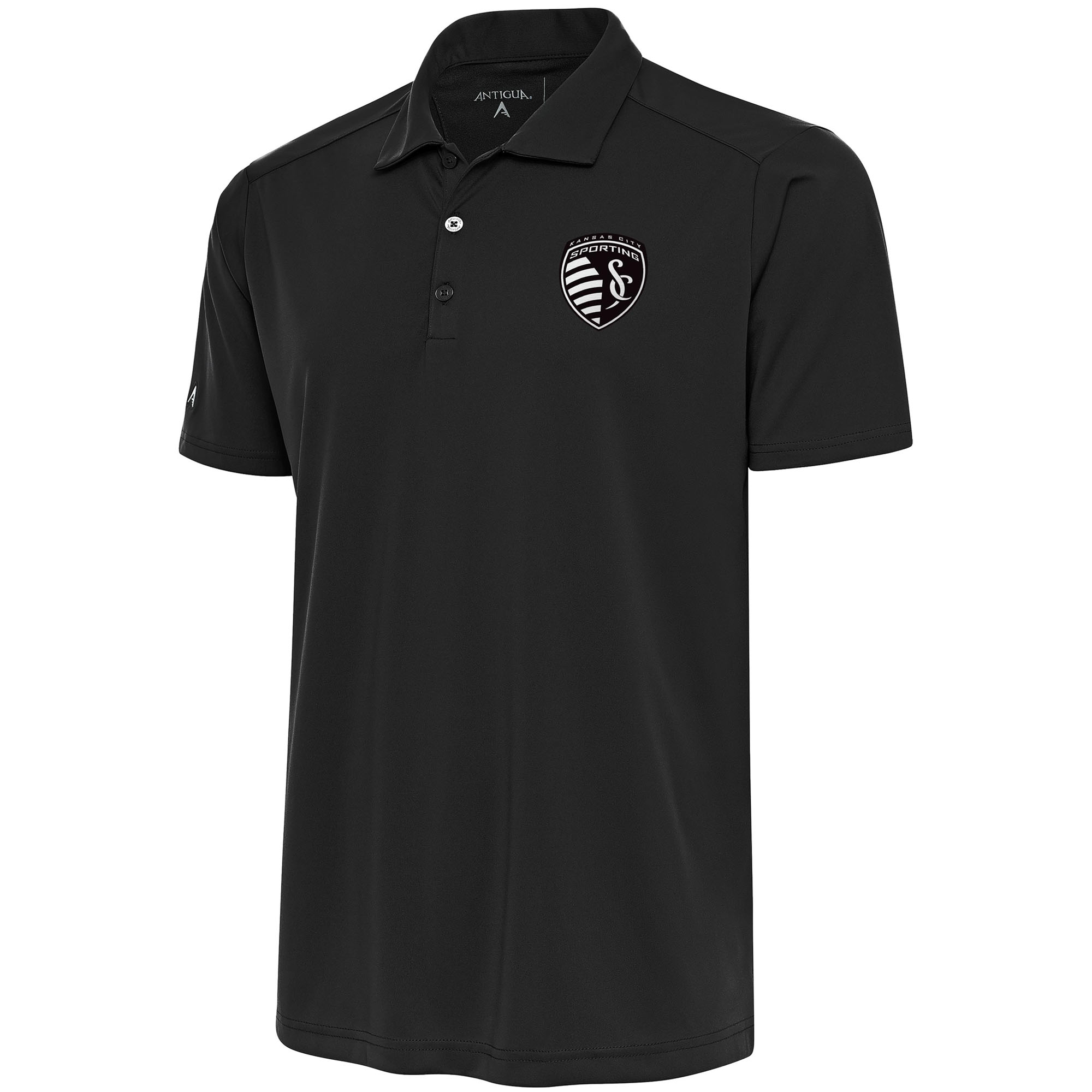 Men's Antigua Black Sporting Kansas City Brushed Metallic Tribute Desert Dry Polo