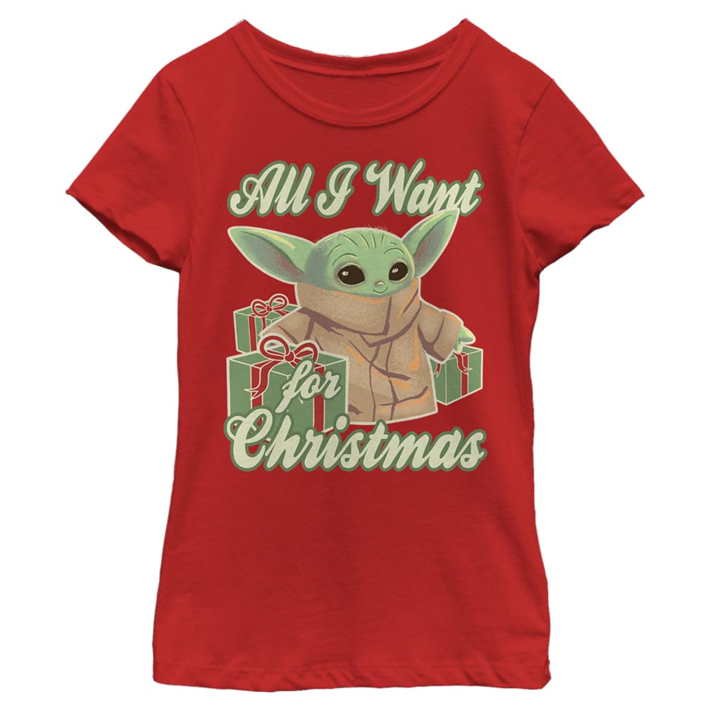 Girl's Youth Mad Engine Grogu Red The Mandalorian All I Want For Christmas Graphic T-Shirt