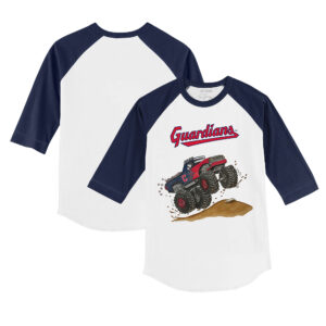 Toddler Tiny Turnip White/Navy Cleveland Guardians Monster Truck 3/4-Sleeve Raglan T-Shirt