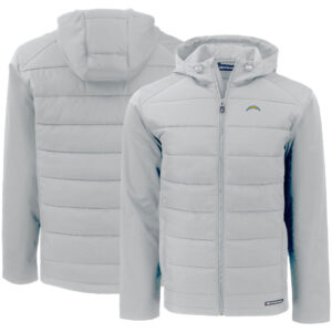 Men's Cutter & Buck Gray Los Angeles Chargers  Evoke PrimaLoft Hybrid Eco Softshell Recycled Full-Zip Hooded Jacket