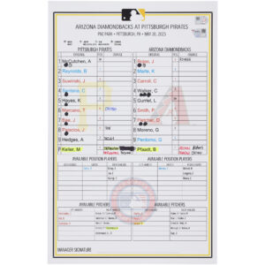 Pittsburgh Pirates Game-Used Lineup Card vs. Arizona Diamondbacks on May 20, 2023