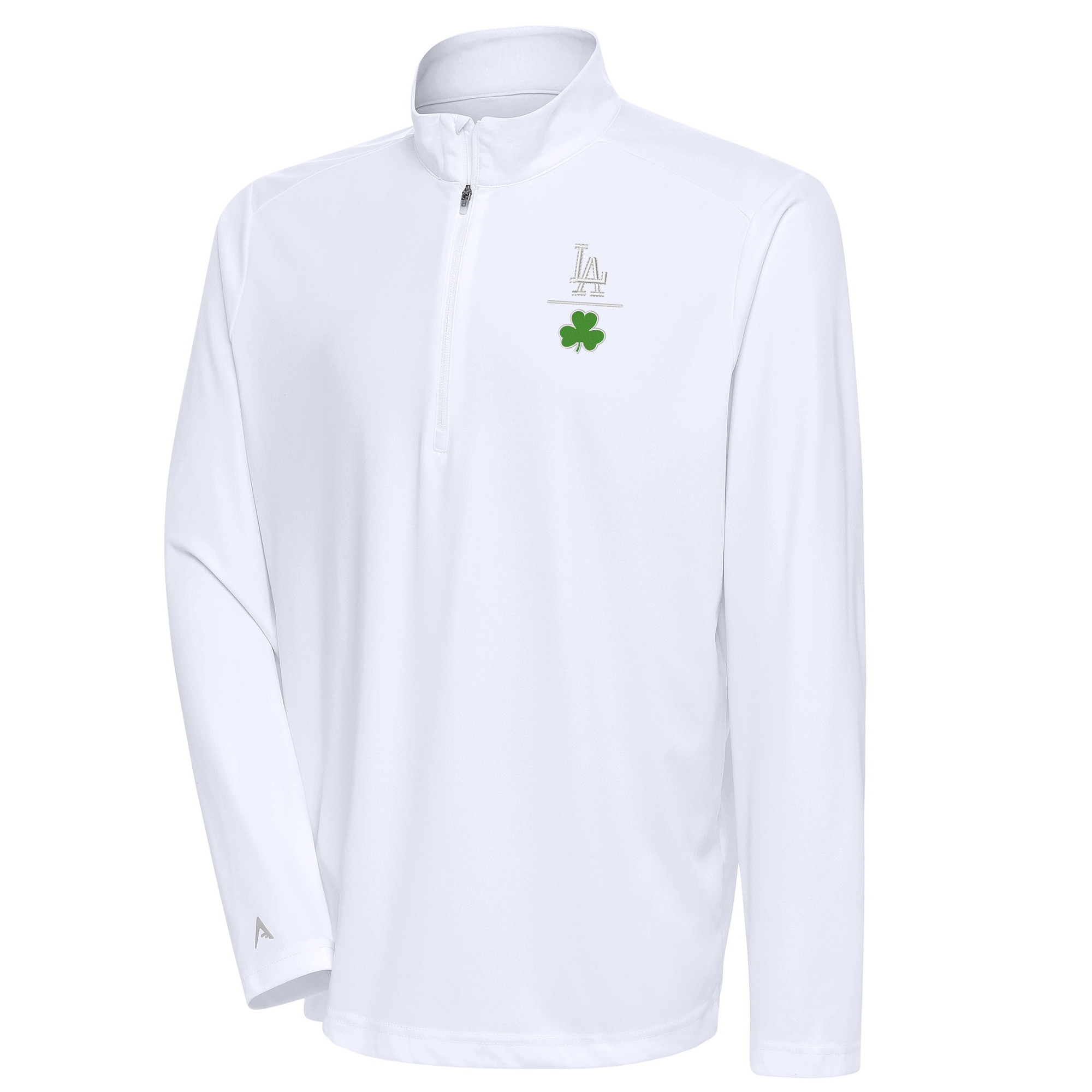 Men's Antigua White Los Angeles Dodgers Shamrock Tribute Quarter-Zip Pullover Top