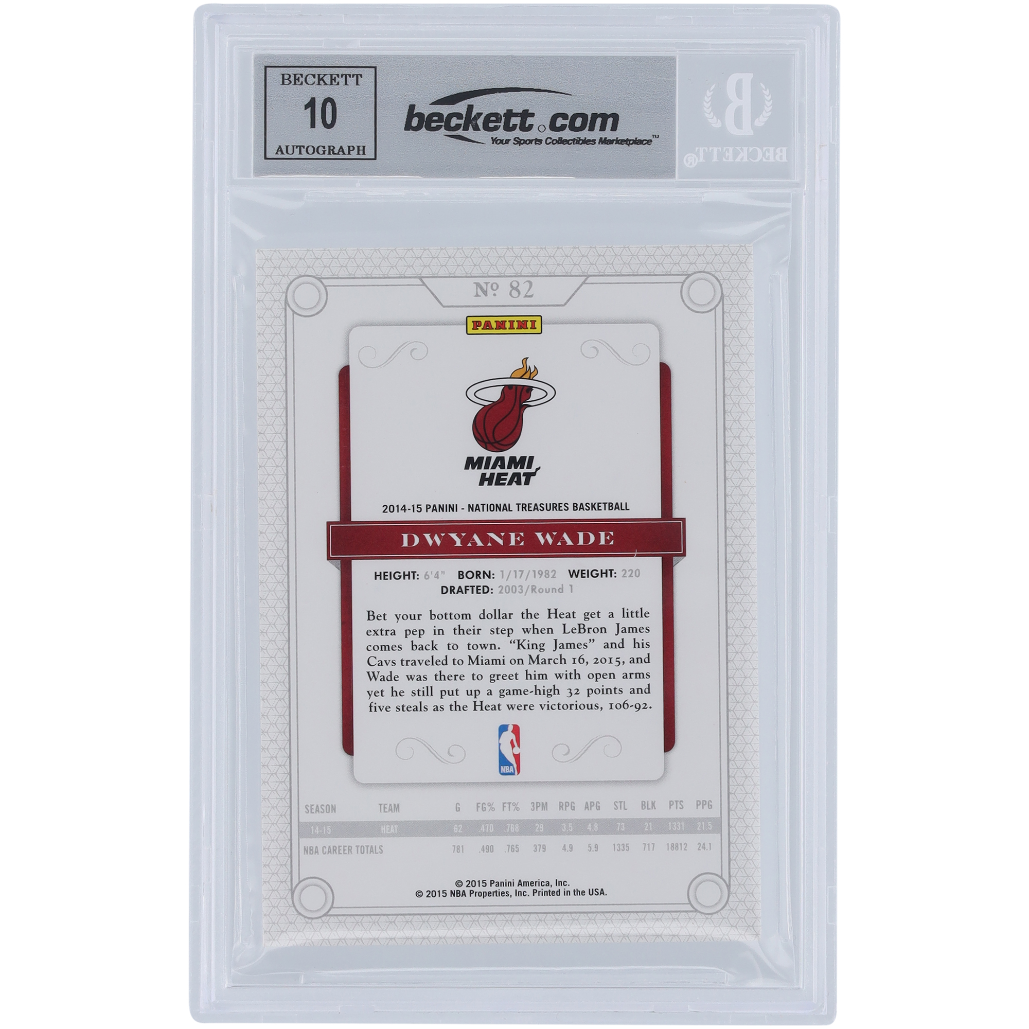 Dwyane Wade Miami Heat Autographed 2014-15 Panini National Treasures #82 #/99 Beckett Fanatics Witnessed Authenticated 10 Card - Image 5