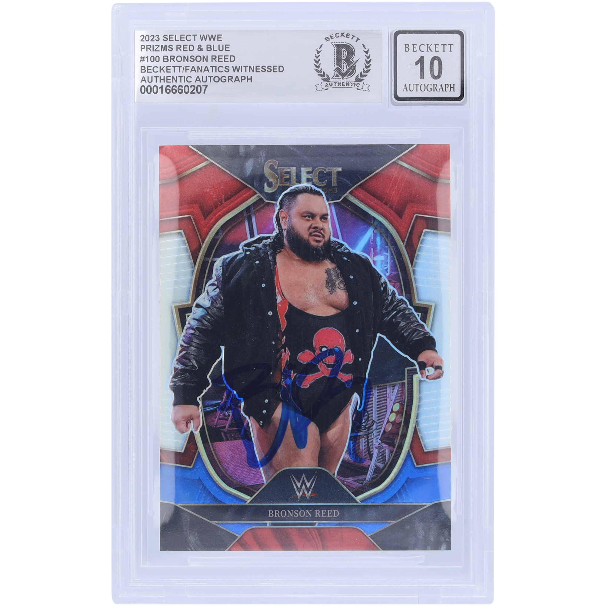 Bronson Reed WWE Autographed 2023 Panini Select Red & Blue Prizm #100 Beckett Fanatics Witnessed Authenticated 10 Card - Image 4