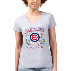 Women's G-III 4Her by Carl Banks Heather Gray Chicago Cubs Flowers Graphic Fitted V-Neck T-Shirt