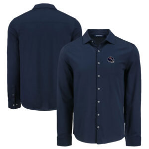 Men's Cutter & Buck Navy Chicago Bears Knitted Advantage Tri-Blend Eco Soft Pique Long Sleeve Button-Up Shirt