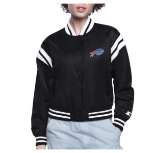 Women's Starter  Black Buffalo Bills Round Team Logo Cropped Satin Varsity Full-Snap Jacket