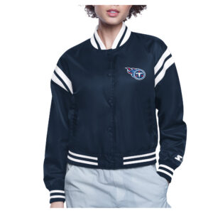 Women's Starter  Navy Tennessee Titans Round Team Logo Cropped Satin Varsity Full-Snap Jacket
