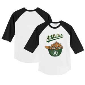 Toddler Tiny Turnip White/Black Oakland Athletics Nacho Helmet 3/4-Sleeve Raglan T-Shirt