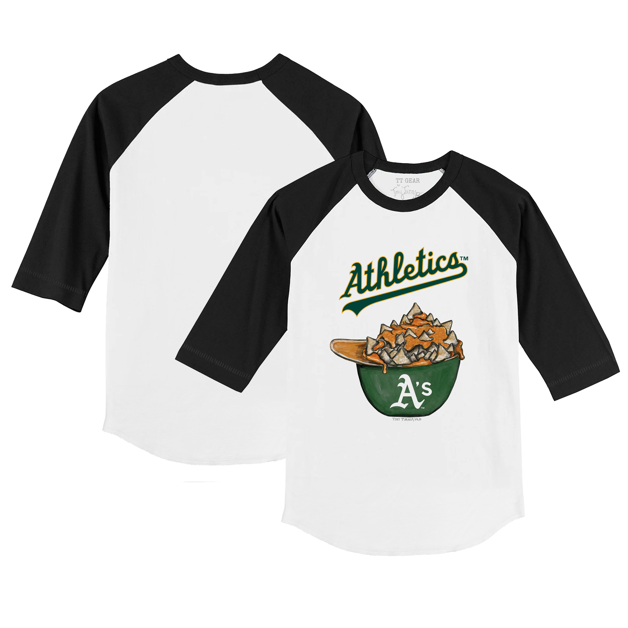 Toddler Tiny Turnip White/Black Oakland Athletics Nacho Helmet 3/4-Sleeve Raglan T-Shirt