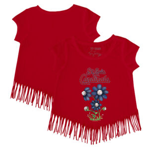 Girls Youth Tiny Turnip Red St. Louis Cardinals Blooming Baseballs Fringe T-Shirt