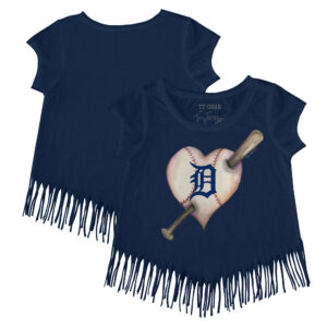 Girls Youth Tiny Turnip Navy Detroit Tigers Heart Bat Fringe T-Shirt