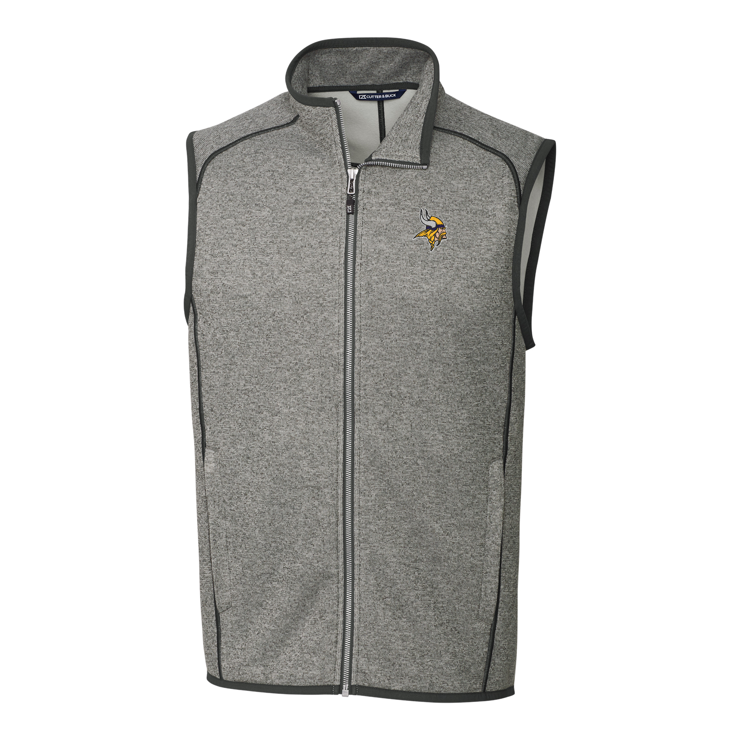 Men's Cutter & Buck Heather Gray Minnesota Vikings Mainsail Sweater Knit Fleece Full-Zip Vest