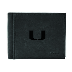 Men's Fossil Black Miami Hurricanes Ingram RFID Flip ID Bi-Fold Wallet