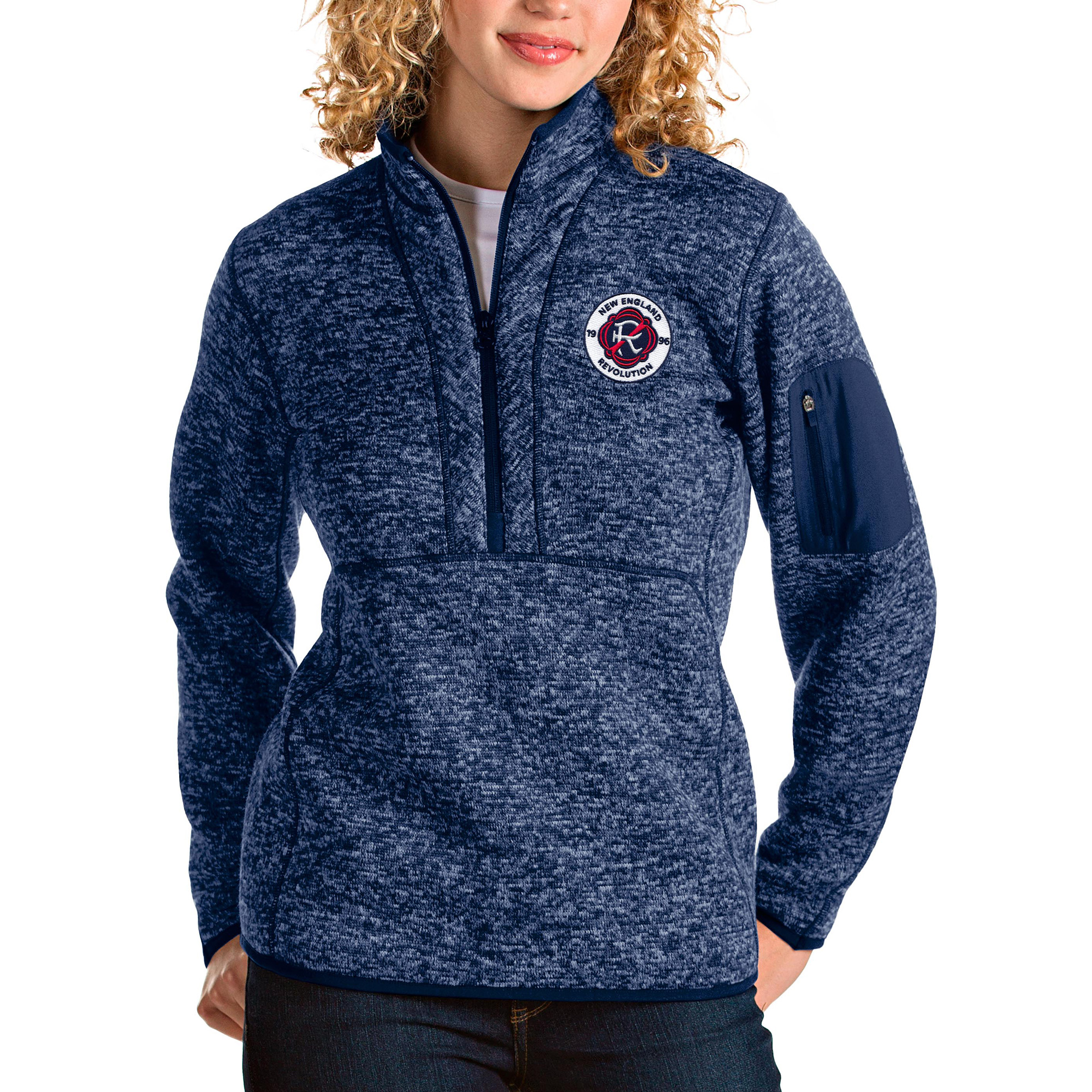 Women's Antigua Heathered Navy New England Revolution Logo Fortune Quarter-Zip Pullover Jacket