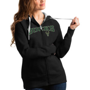 Women's Antigua Black Milwaukee Bucks Team Victory Full-Zip Hoodie