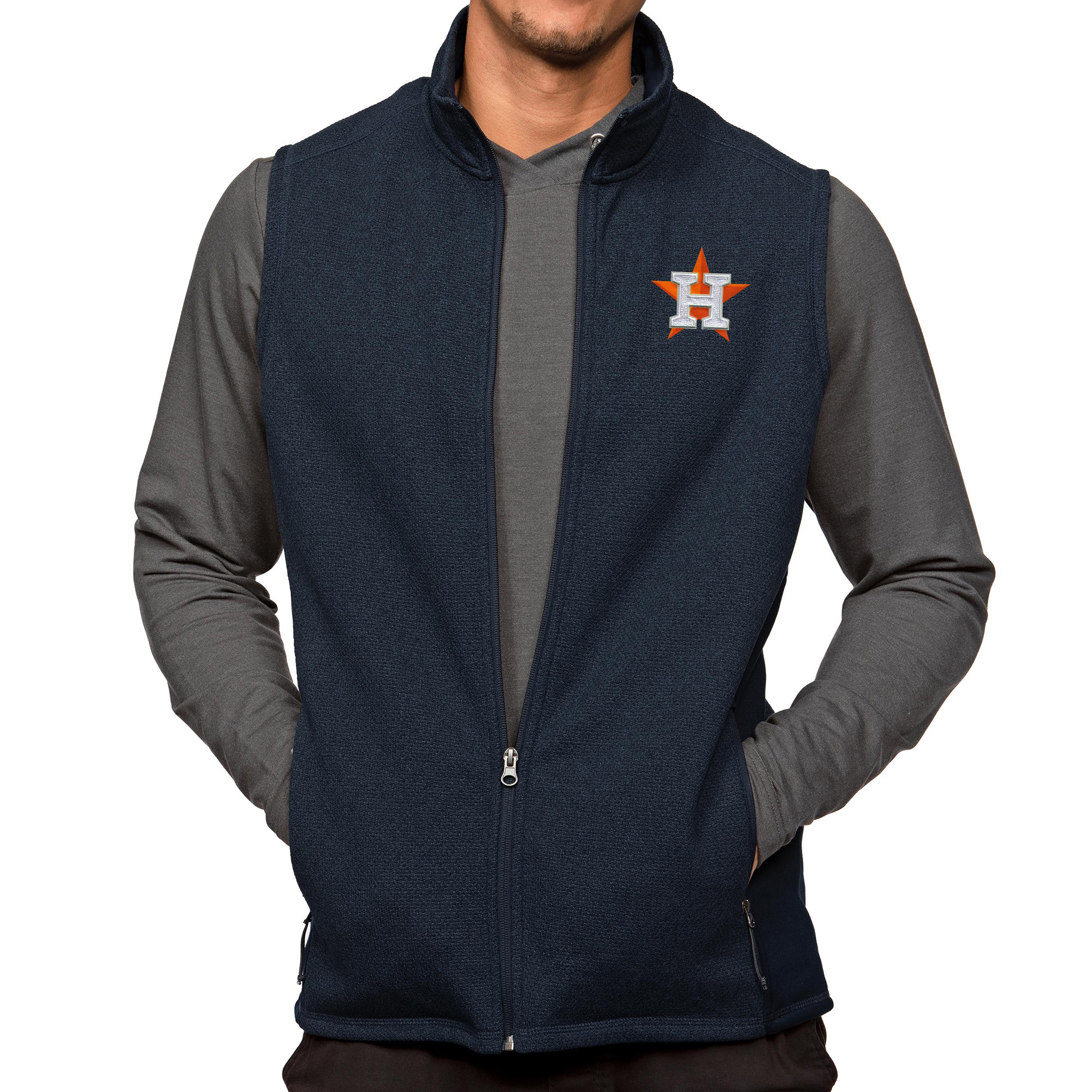 Men's Antigua Heathered Navy Houston Astros Course Full-Zip Vest