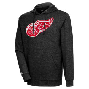 Men's Antigua Heather Black Detroit Red Wings Logo Action Chenille Pullover Hoodie