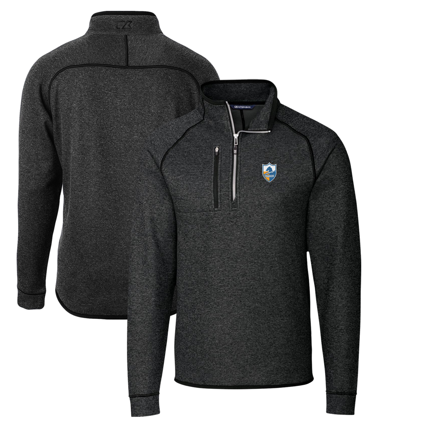 Men's Cutter & Buck Heather Charcoal Los Angeles Chargers Throwback Logo Mainsail Sweater-Knit Half-Zip Pullover Jacket