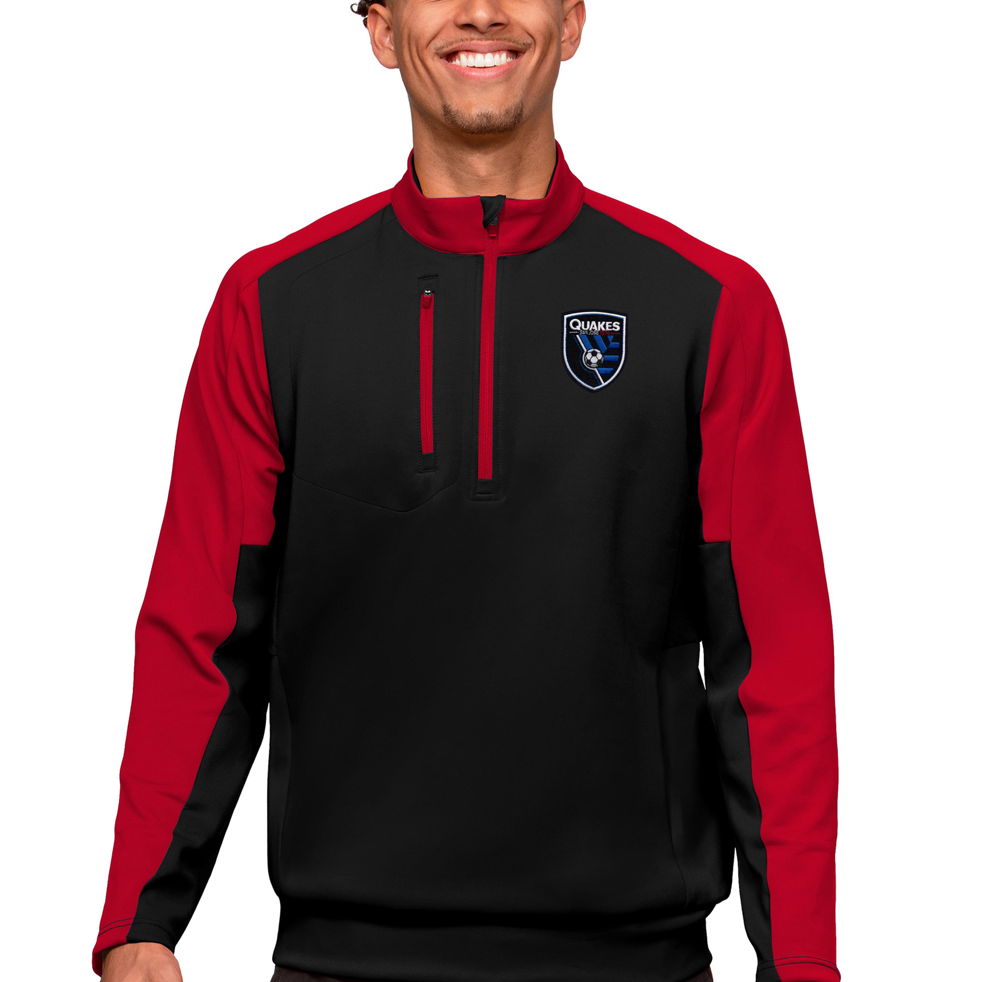 Men's Antigua Black/Red San Jose Earthquakes Primary Team Logo Team Quarter-Zip Pullover Top