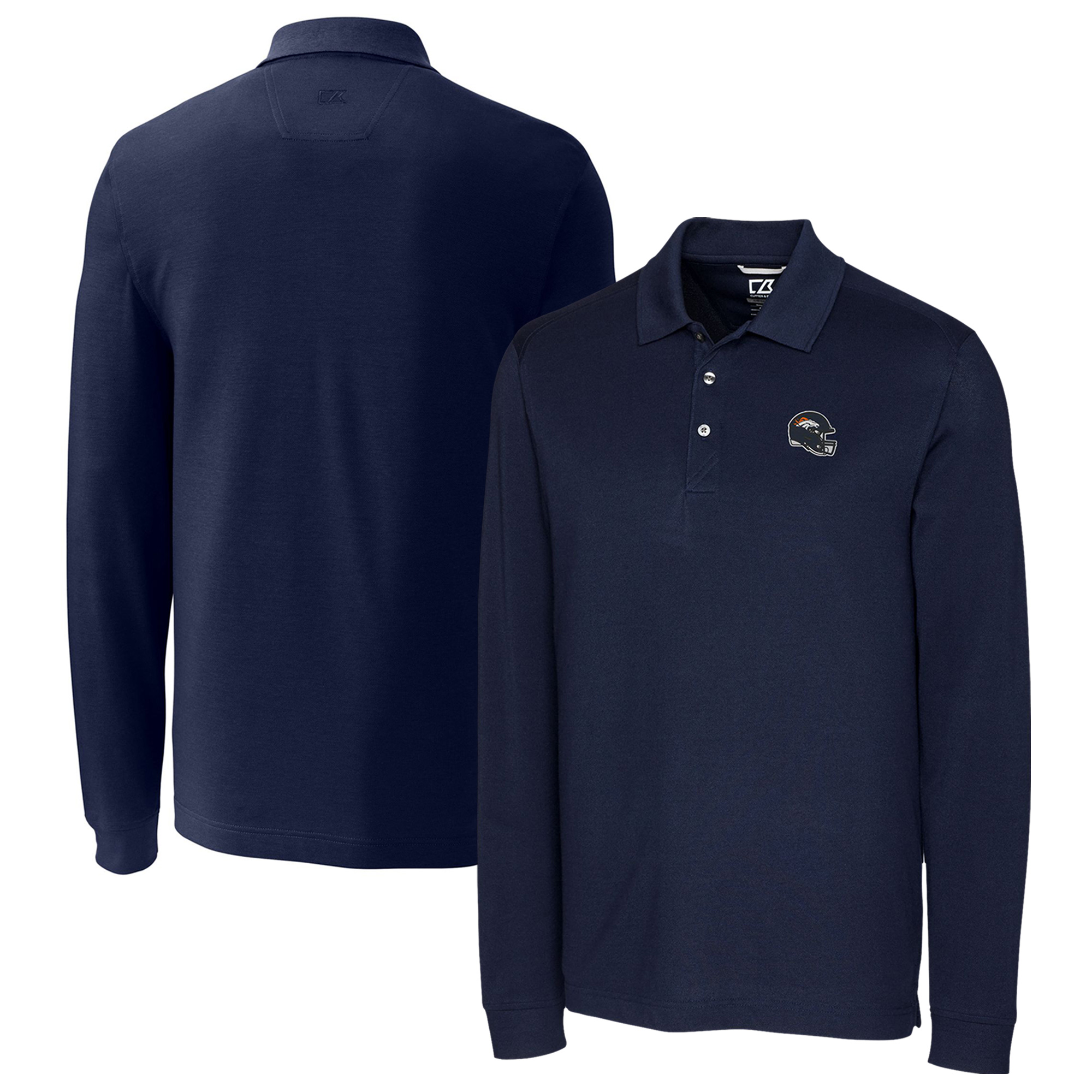 Men's Cutter & Buck Navy Denver Broncos Helmet Advantage Tri-Blend Pique Long Sleeve Polo - Image 8