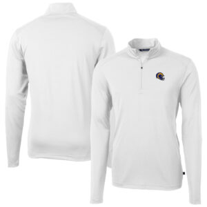 Men's Cutter & Buck  White Los Angeles Rams Helmet Virtue Eco Pique Recycled Quarter-Zip Pullover Top