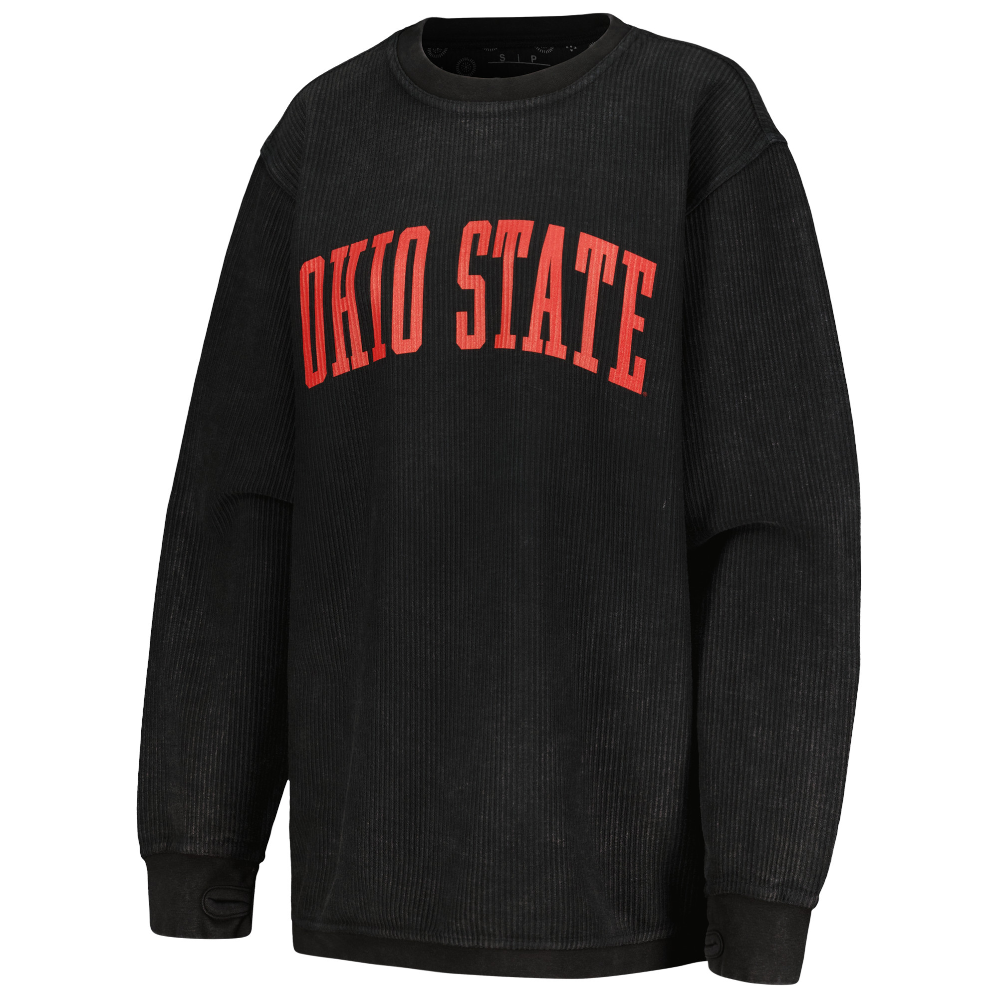 Women's Pressbox Black Ohio State Buckeyes Comfy Corded Vintage Wash Basic Arch Pullover Sweatshirt - Image 6
