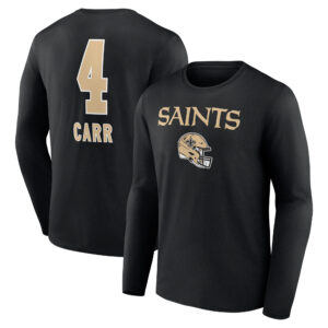Men's Derek Carr Black New Orleans Saints Team Wordmark Name & Number Long Sleeve T-Shirt