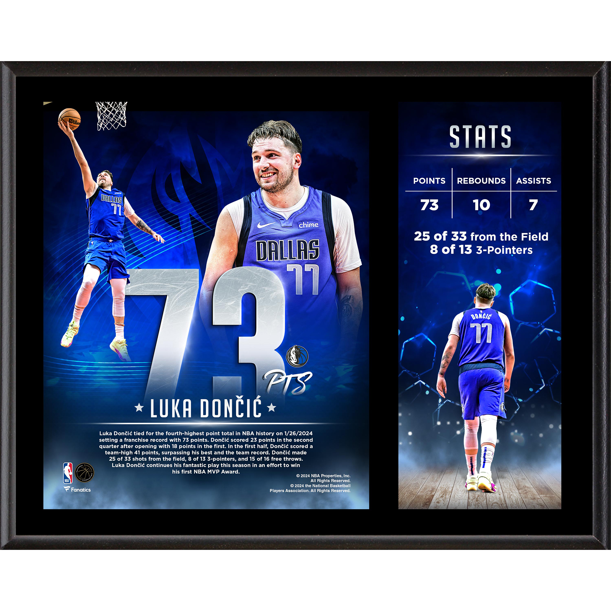Luka Dončić Dallas Mavericks 12" x 15" Franchise Record Breaking 73 Points Sublimated Plaque