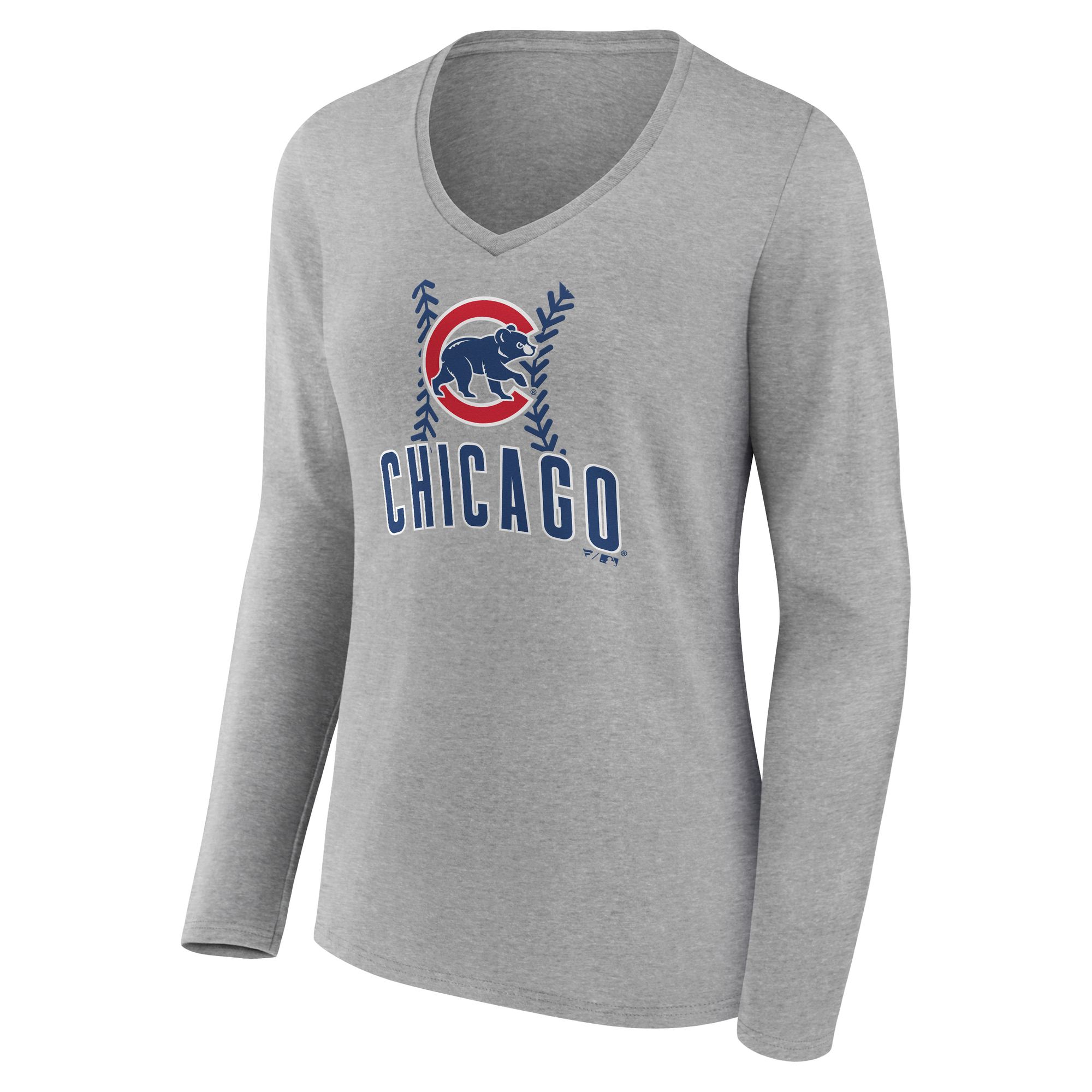 Women's Gray Chicago Cubs Personalized Name & Number Fastball Long Sleeve V-Neck T-Shirt - Image 3