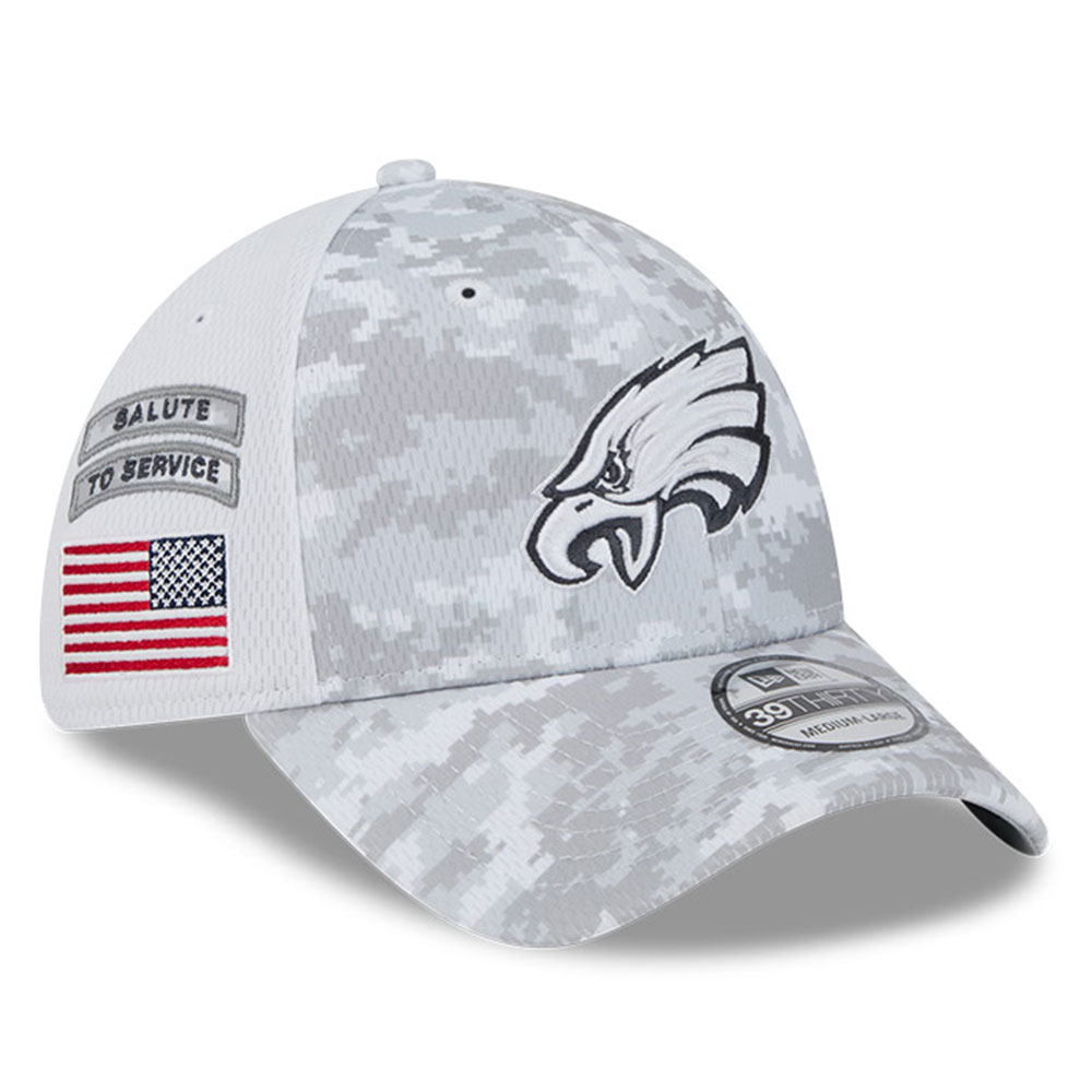 Men's New Era White Philadelphia Eagles 2024 Salute To Service Digital Camo 39THIRTY Flex Hat