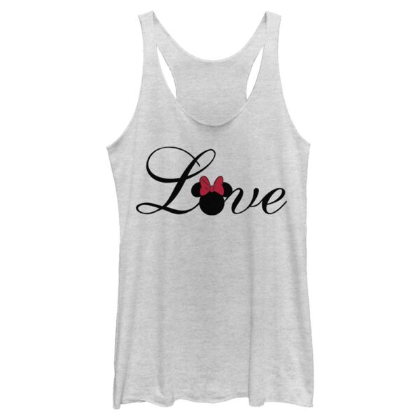 Women's Mad Engine Minnie Mouse White Mickey & Friends Love Script Graphic Tri-Blend Racerback Tank Top