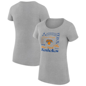 Women's G-III 4Her by Carl Banks Heather Gray New York Knicks Team Name Collage Fitted Graphic T-Shirt