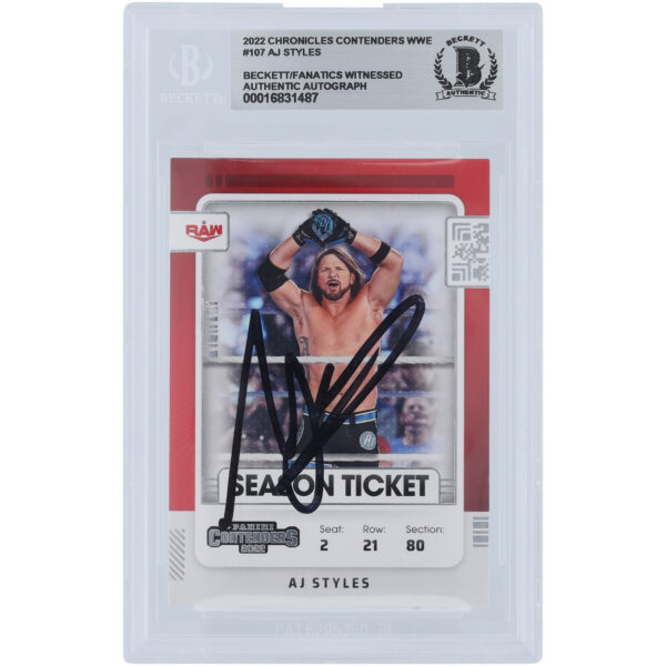 AJ Styles WWE Autographed 2022 Panini Chronicles Contenders Black Ink #107 Beckett Fanatics Witnessed Authenticated Card