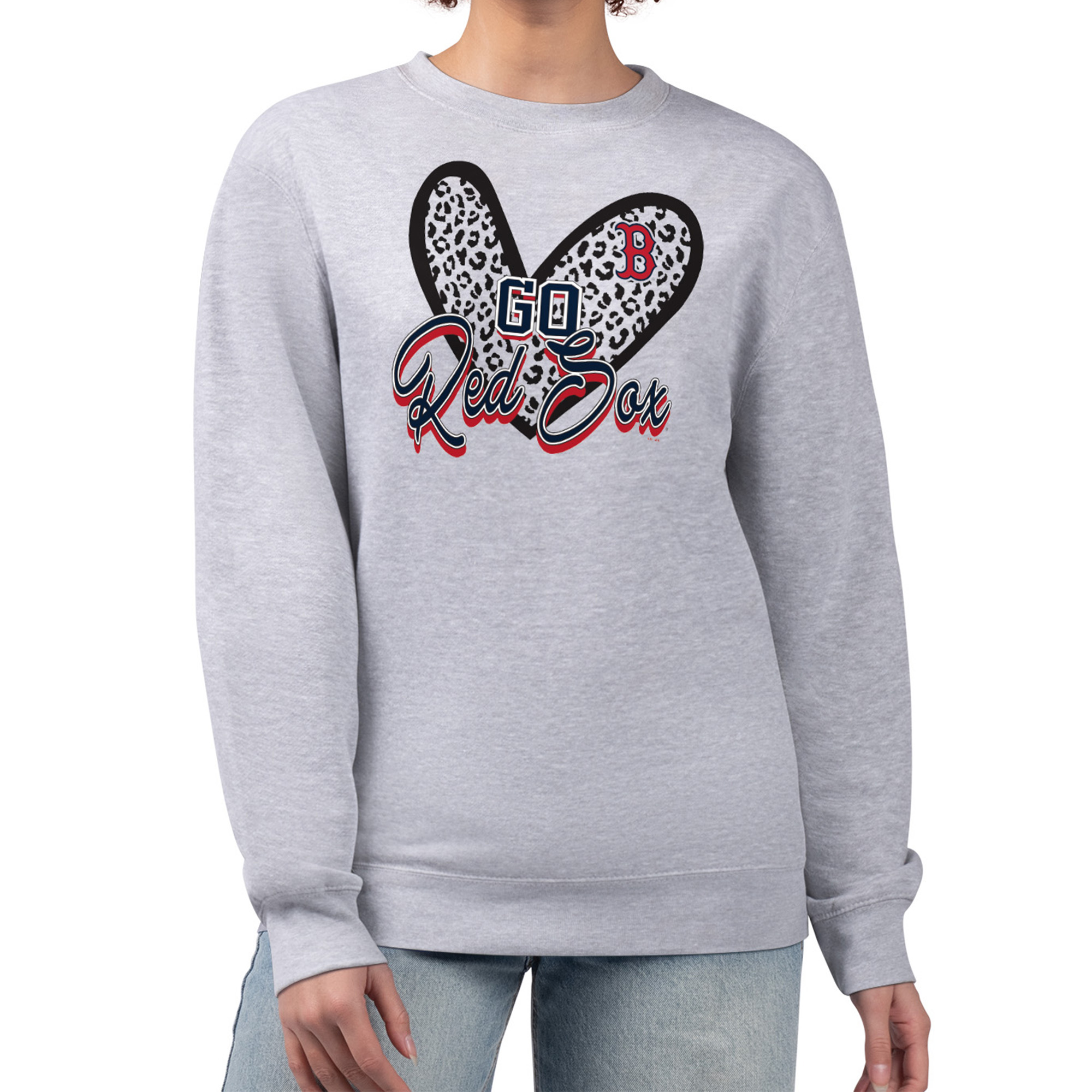 Women's G-III 4Her by Carl Banks Heather Gray Boston Red Sox Leopard Heart Pullover Sweatshirt