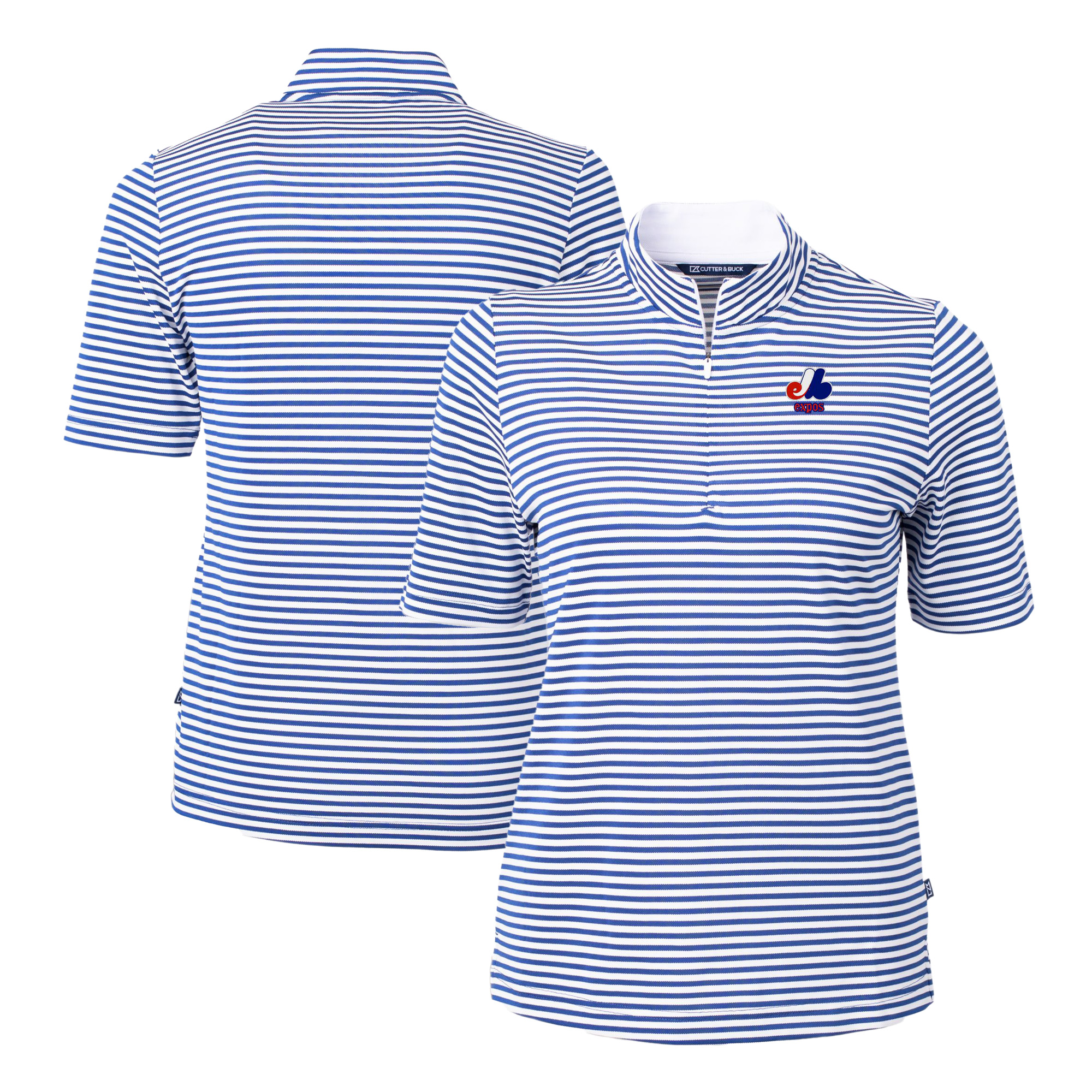 Women's Cutter & Buck Blue/White Montreal Expos Cooperstown Collection Virtue Eco Pique Stripe Recycled Tri-Blend Quarter-Zip Top