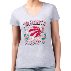 Women's G-III 4Her by Carl Banks Heather Gray Toronto Raptors Flowers Team Logo Graphic Fitted V-Neck T-Shirt