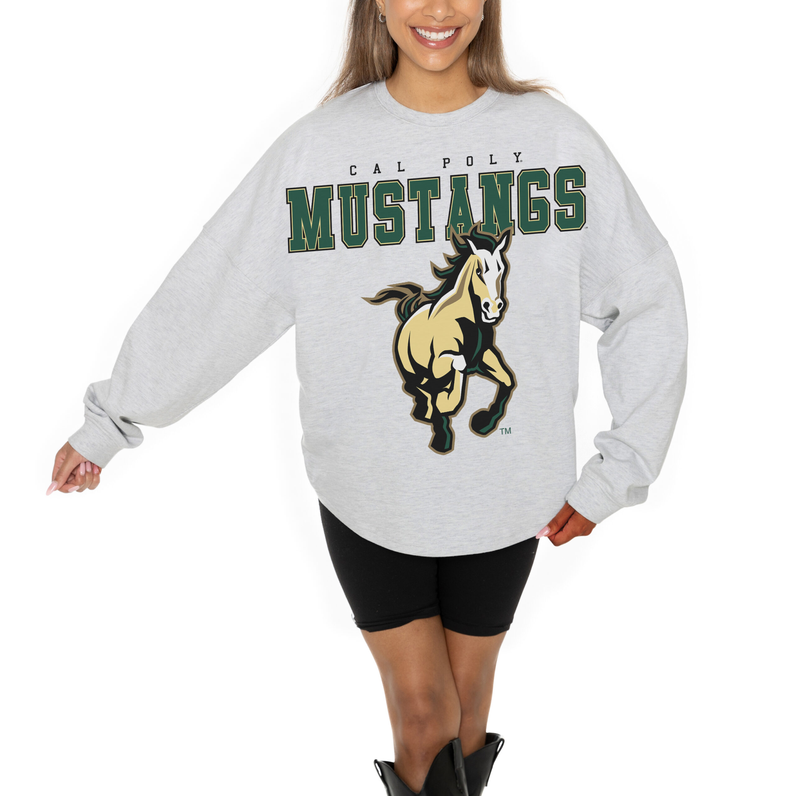 Women's Gameday Couture Ash Cal Poly Mustangs Big Goals Relaxed Fit French Terry Pullover Sweatshirt - Image 7