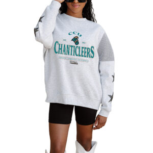 Women's Gameday Couture Ash Coastal Carolina Chanticleers Rhinestone Star Mesh Shoulder Fleece Pullover Sweatshirt
