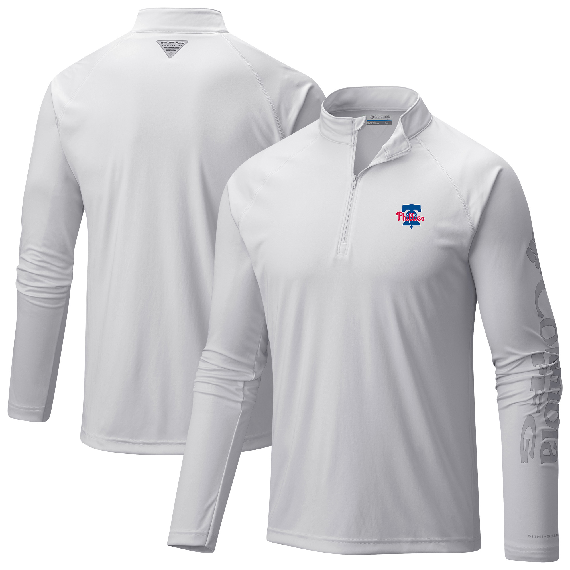 Men's Columbia White Philadelphia Phillies Terminal Tackle Raglan Omni-Shade Quarter-Zip Pullover Top