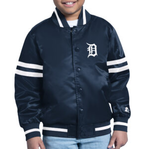 Youth Starter Navy Detroit Tigers Printed Shield Team Logo Satin Varsity Full-Snap Jacket