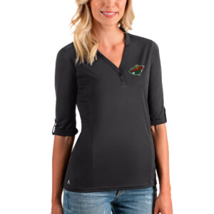 Women's Antigua Charcoal Minnesota Wild Accolade 3/4 Sleeve V-Neck Top