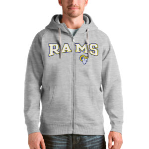 Men's Antigua Heathered Gray Los Angeles Rams Wordmark Victory Full-Zip Hoodie
