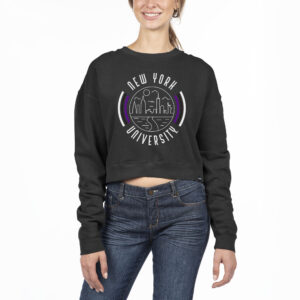 Women's Uscape Apparel Black NYU Violets Pigment Dyed Fleece Crop Crewneck Sweatshirt