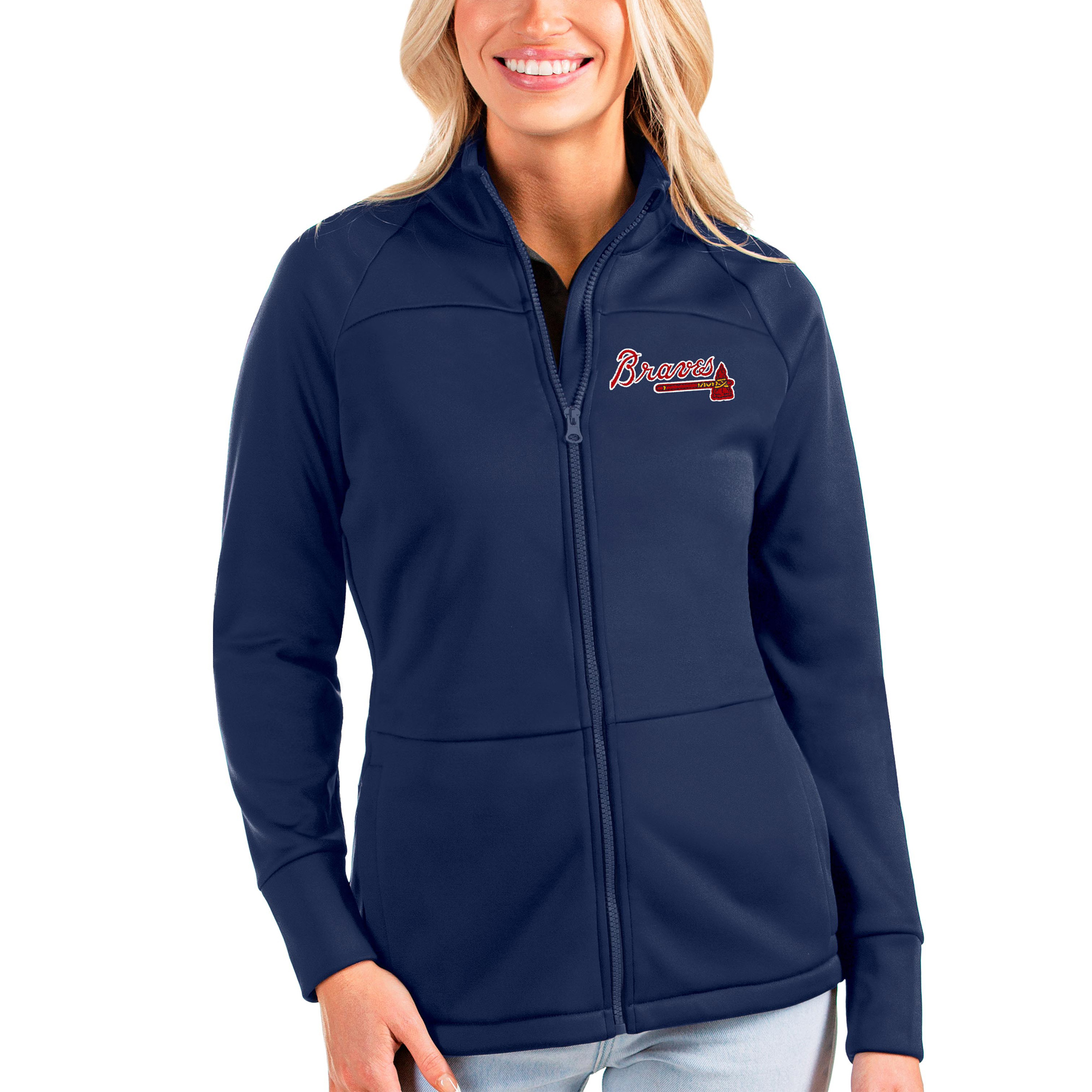 Women's Antigua Navy Atlanta Braves Links Full-Zip Golf Jacket