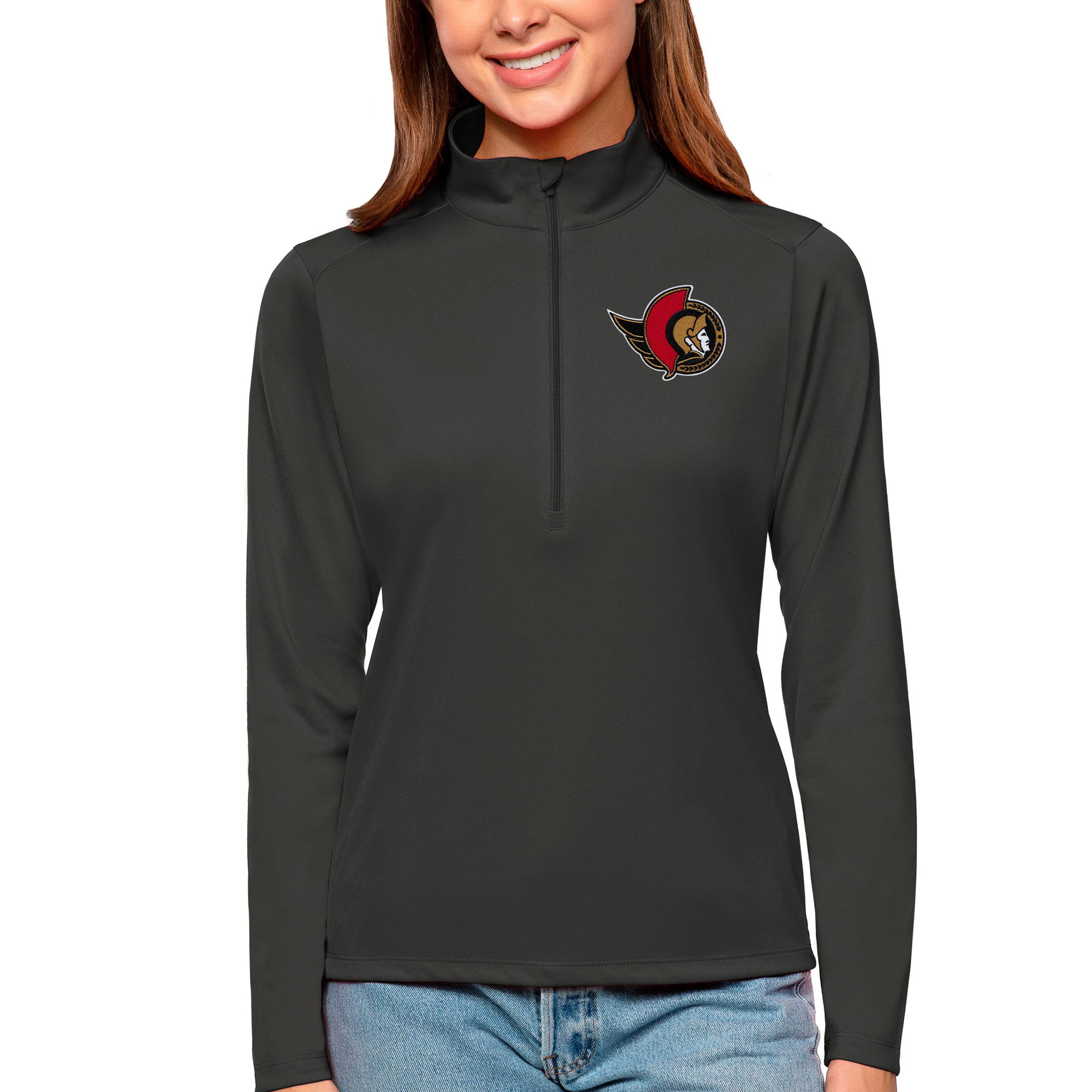 Women's Antigua Charcoal Ottawa Senators Tribute Quarter-Zip Pullover Top