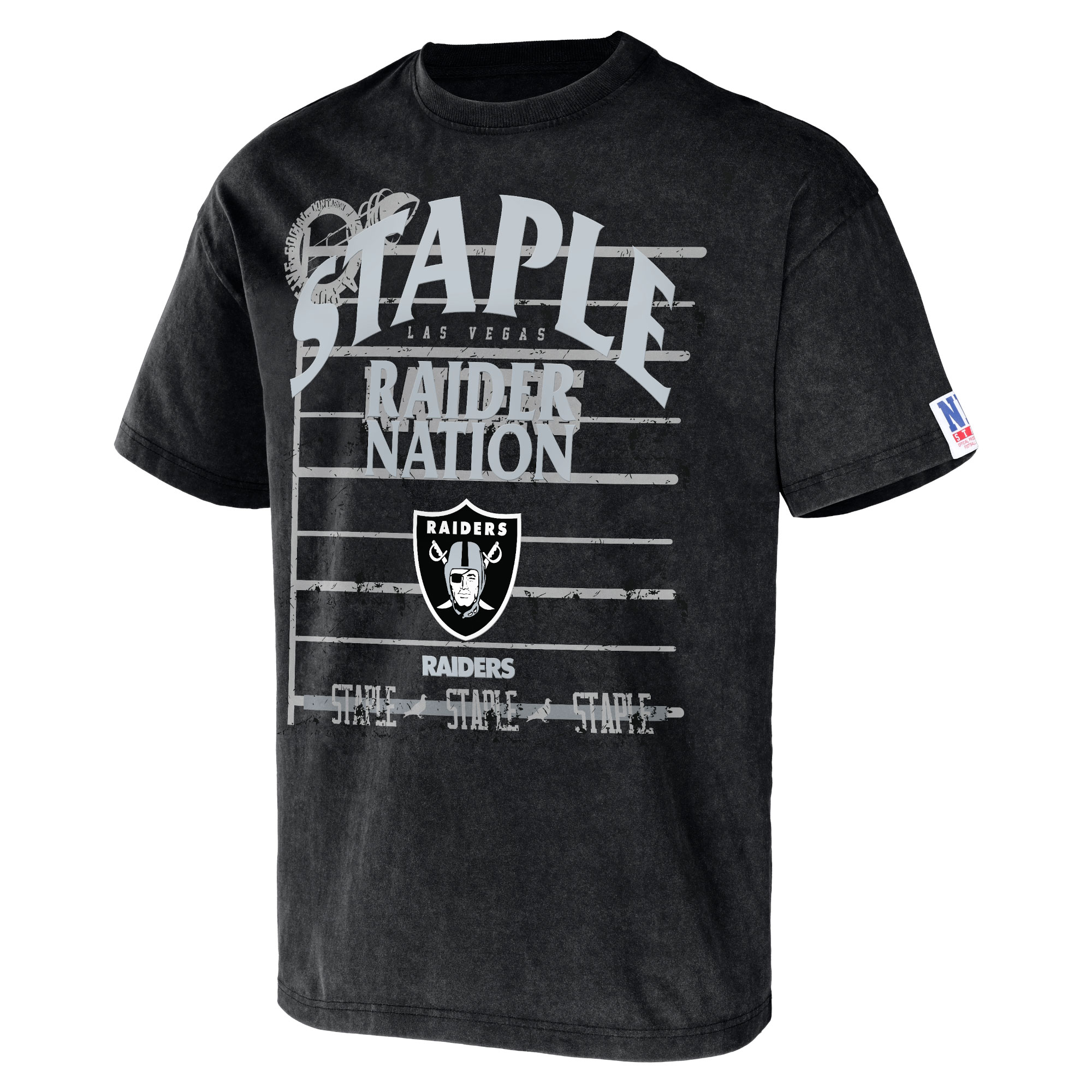 Men's NFL x Staple Black Las Vegas Raiders Throwback Vintage Wash T-Shirt - Image 3