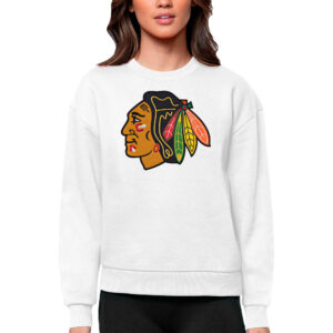 Women's Antigua White Chicago Blackhawks Primary Logo Team Logo Victory Crewneck Pullover Sweatshirt