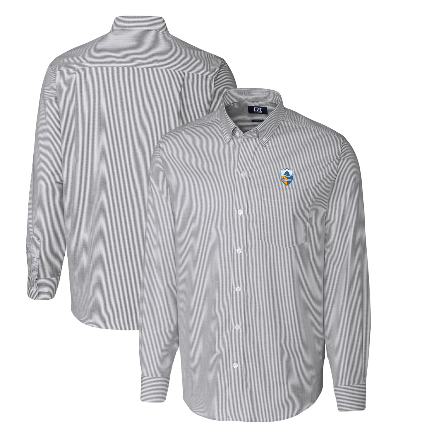 Men's Cutter & Buck Charcoal Los Angeles Chargers Throwback Logo Big & Tall Stretch Oxford Stripe Long Sleeve Button Down Shirt